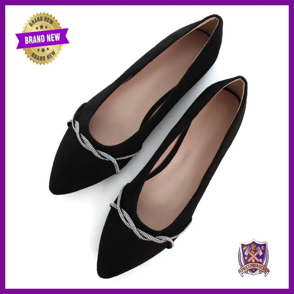 Women's Suede Ballet Flats with Chain Detail, Pointed Toe, Slip-On Dress Shoes